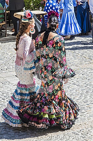 Two women dressed in modern flamenco outfit Ronda Spain Editorial Stock Photo